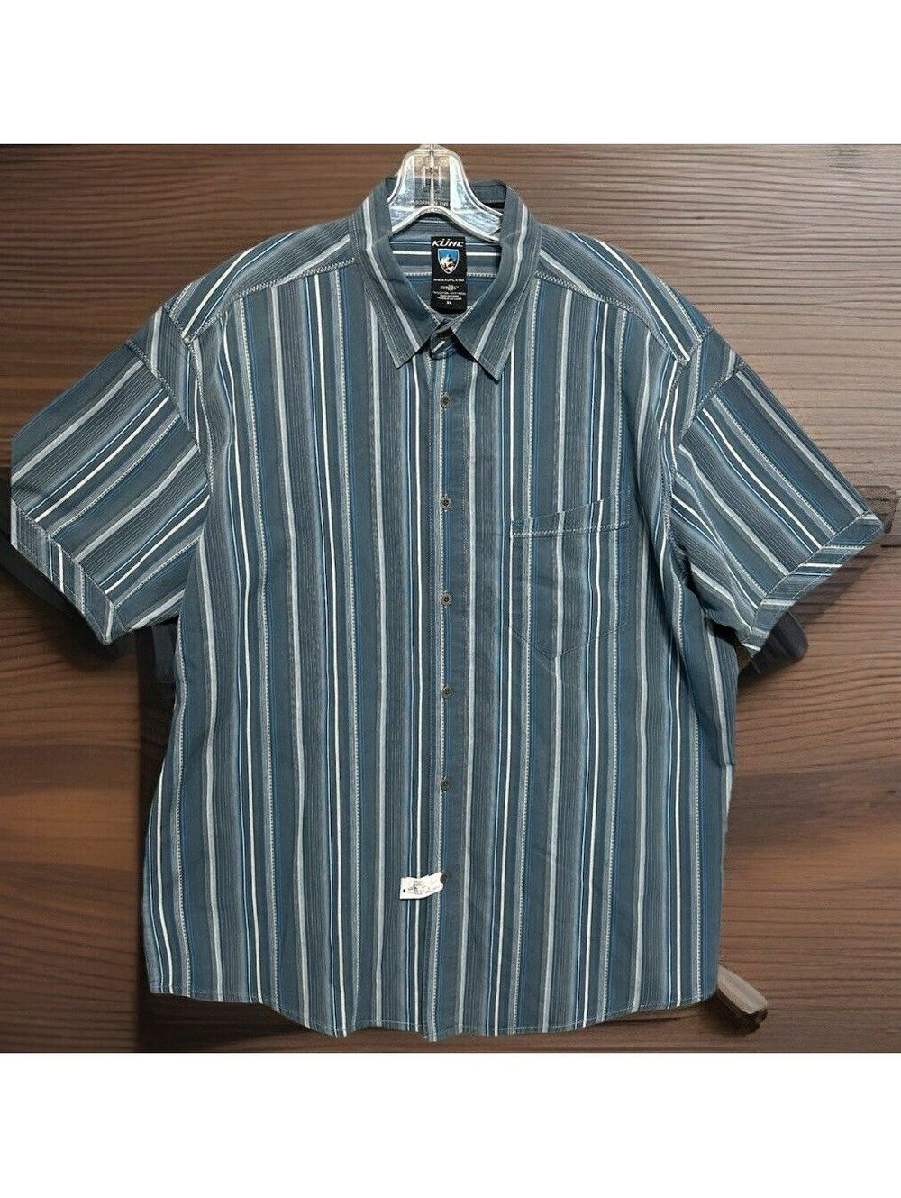 Kuhl Mens Shirt Regular Fit Sz XL Striped Blue Outdoors Pockets Nature Casual